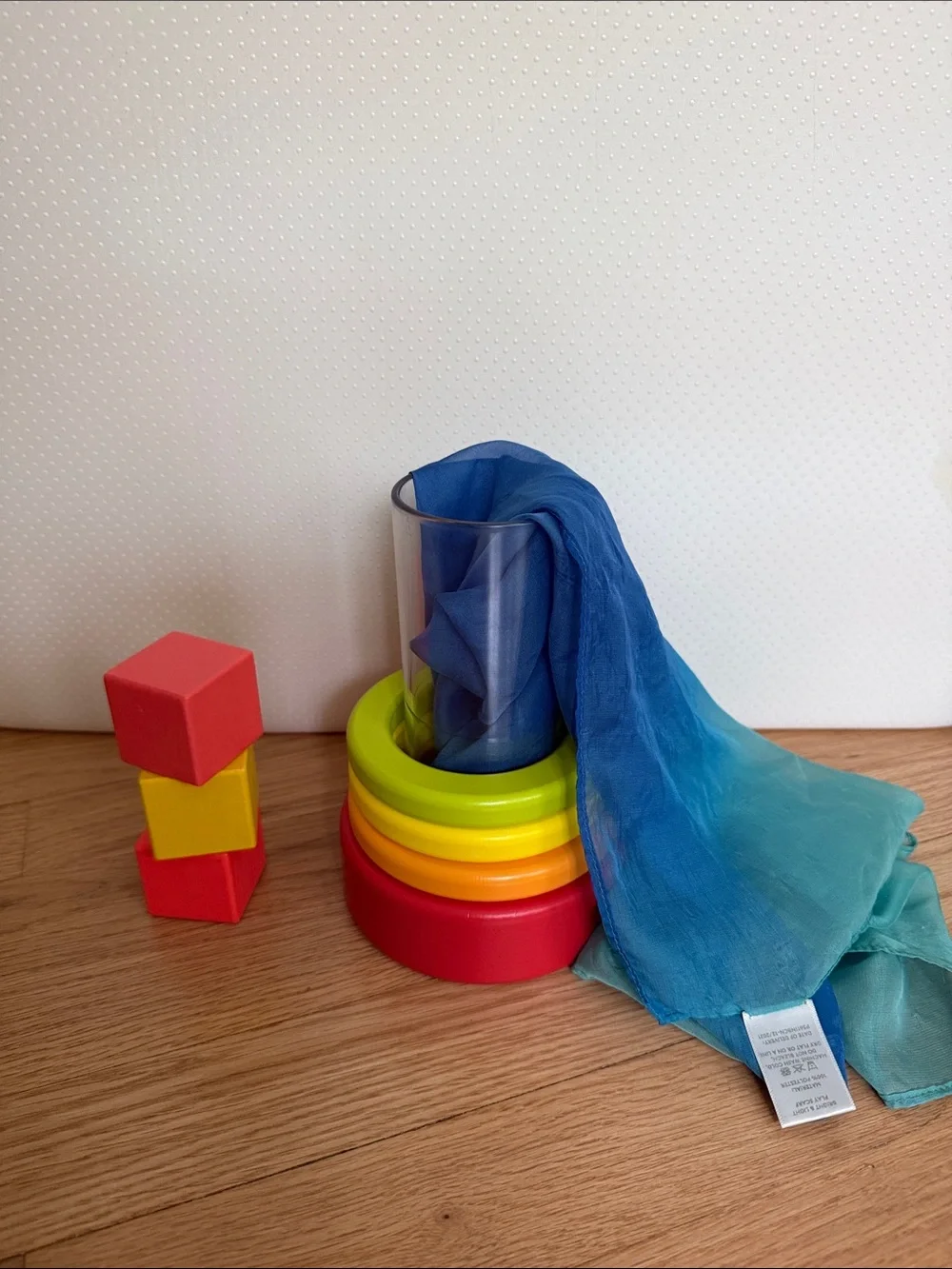 Lovevery my first Blocks, transparent tube with stacking rings, and play scarf
